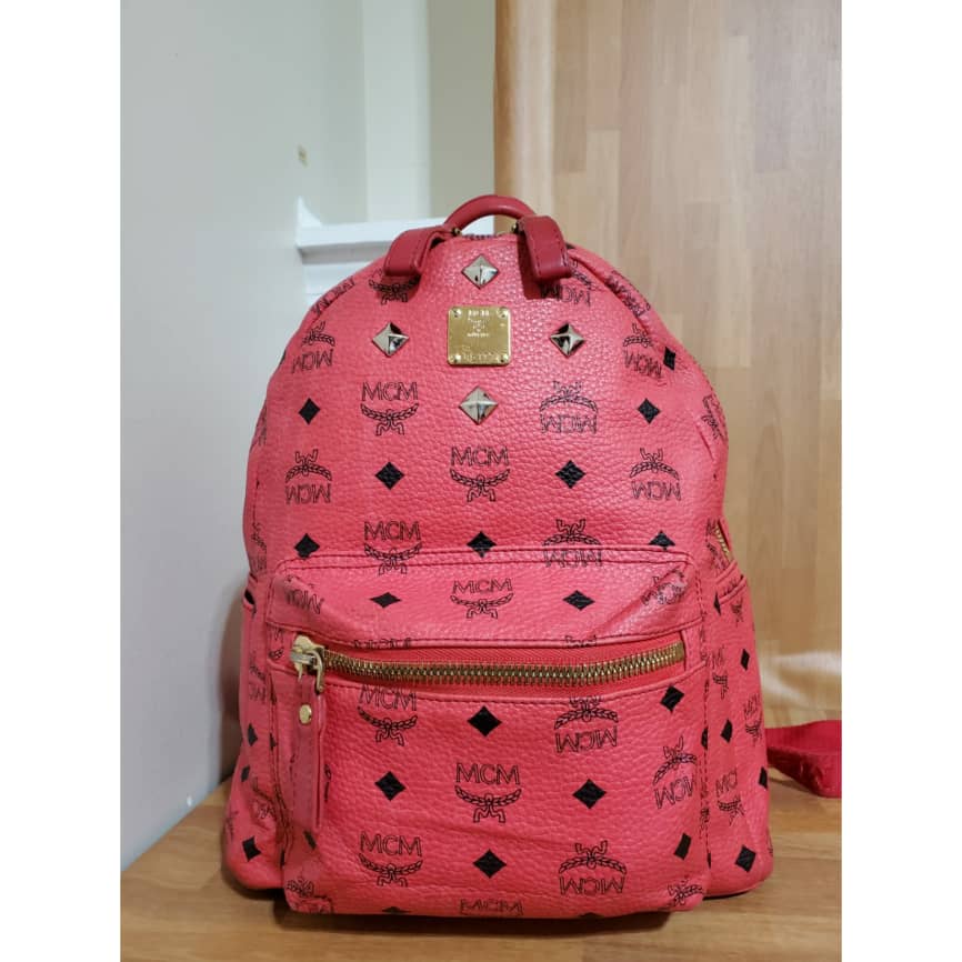 MCM Visetos Pink Stark Backpack Gold Studs