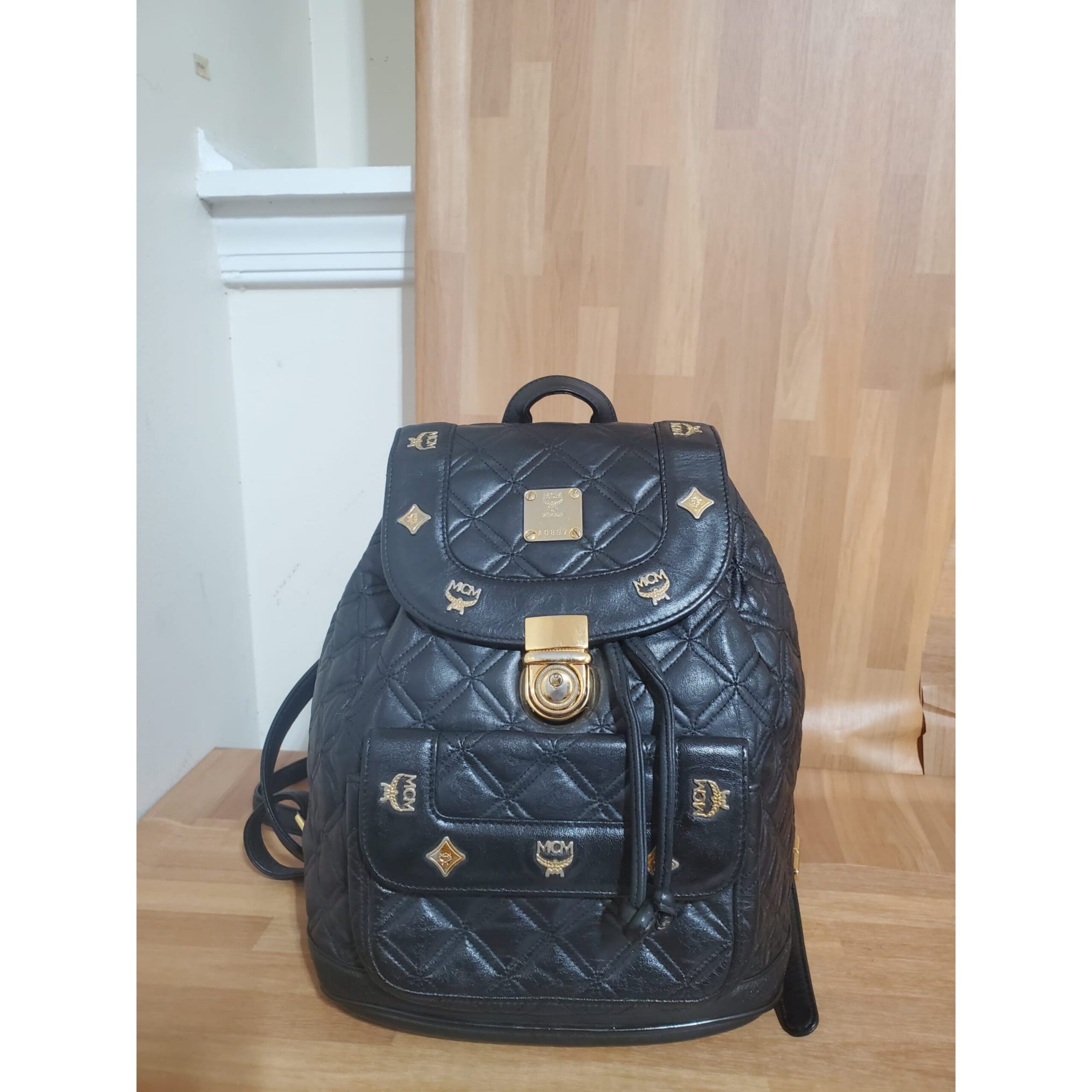MCM Black Quilted Leather Stark Gold Embellished Backpack