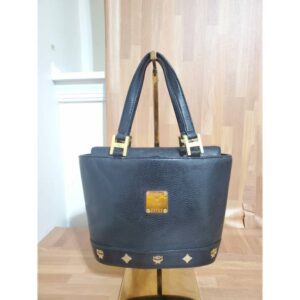 MCM Black Leather Vintage Logo Embellished Small Tote