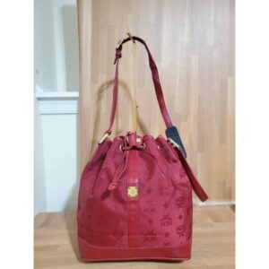 MCM Vintage Visetos Nylon Red Drawstring Bucket Crossbody /Shoulder Bag