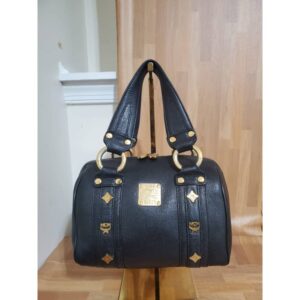 MCM Pebbled Leather Gold Studded Logo Motifs Mini Boston Bag