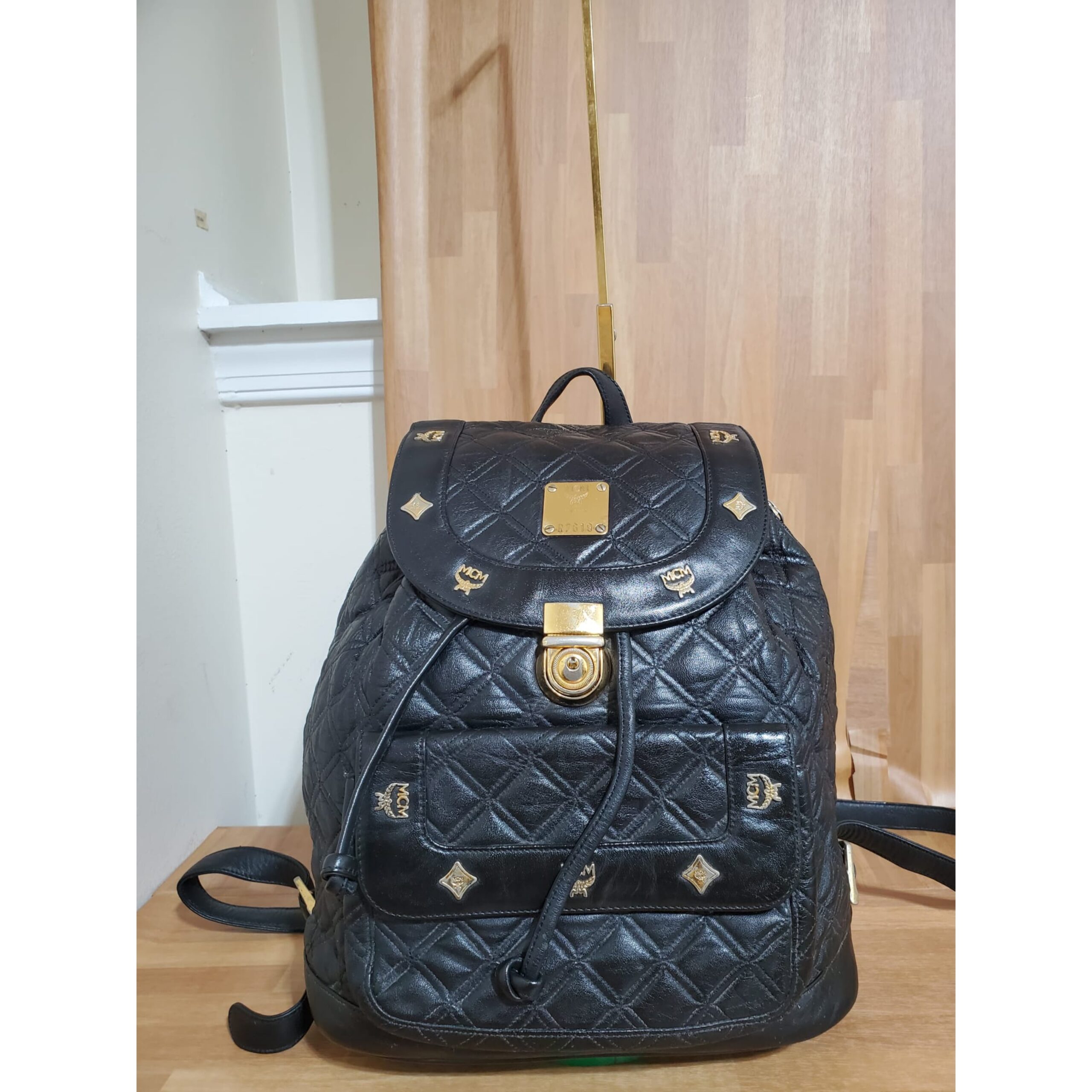 MCM Black Quilted Leather Stark Gold Embellished Backpack