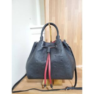 MCM Essential Drawstring Monogram Leather Shoulder Bag Black