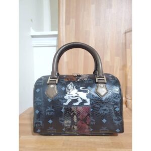 MCM Visetos Lion Princess Boston Handbag Black/Gray Leather Satchel