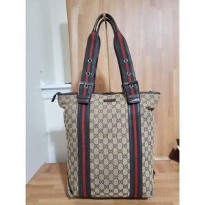 GUCCI GG Monogram Medium Web Handle Vertical Tote Bag Dark Brown