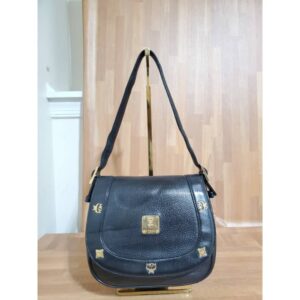 MCM Black Leather Studded Flap Shoulder Bag