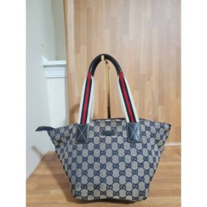 GUCCI Monogram Medium Web Handle Bucket Tote Navy