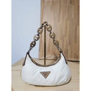 Prada Nylon And Wood Baguette Bag Off White and Brown