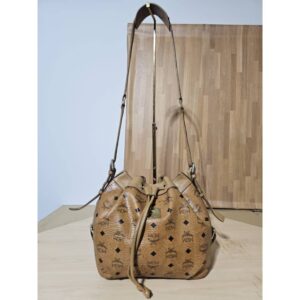 MCM Visetos Essential Drawstring Bucket Bag Cognac