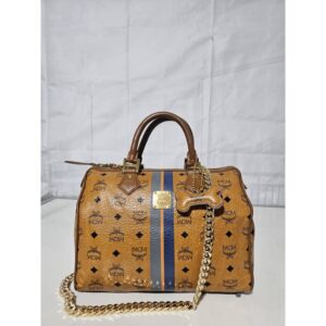 MCM Visetos Dog Bone Boston Bag Cognac