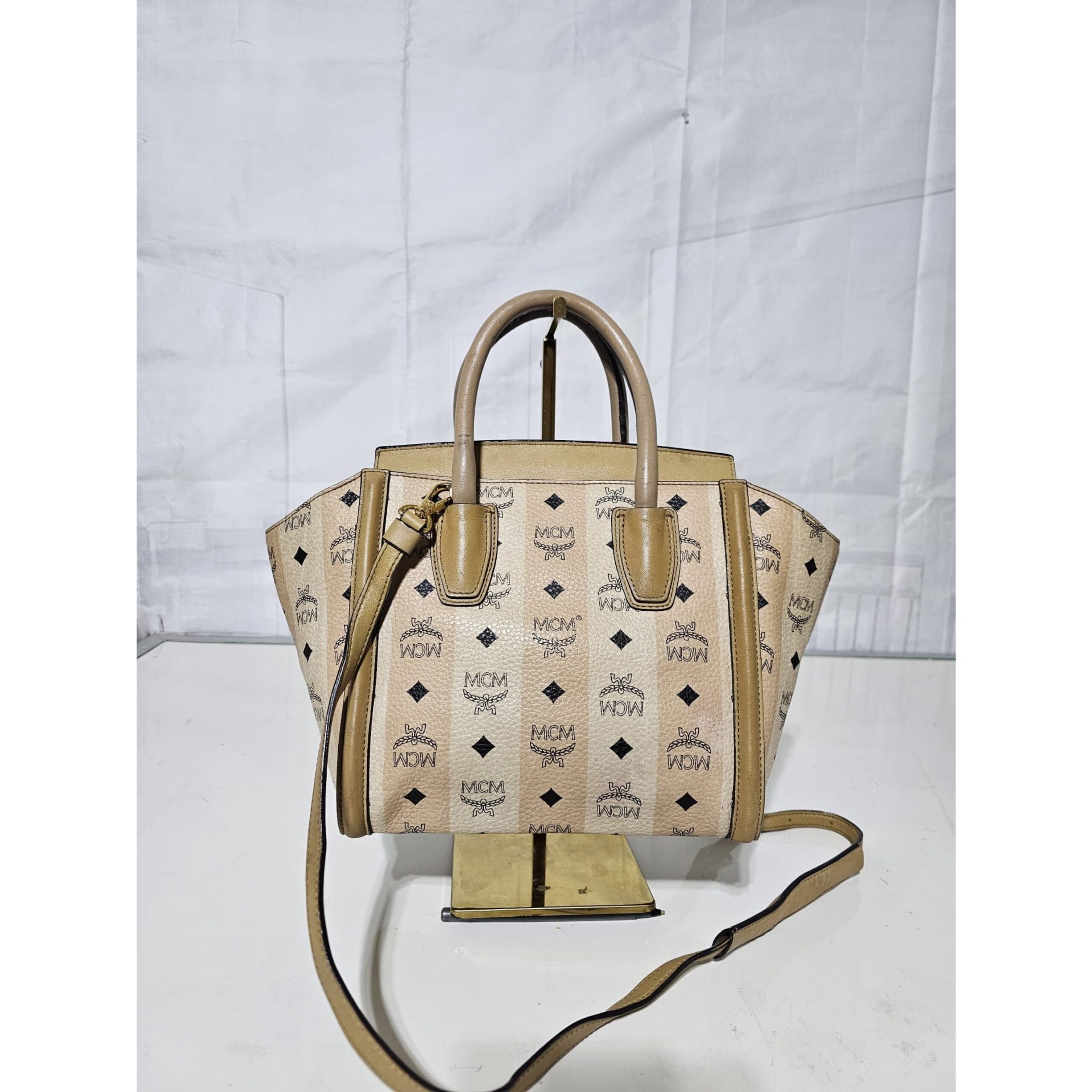 MCM Striped Visetos Small Kathy Double Zip Tote Beige