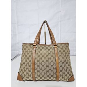 GUCCI Monogram Marrakech Tote Tan With Brown Leather/Canvas