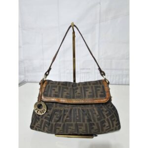FENDI Zucca Calfskin Crocodile Embossed Small Chef Shoulder Bag Brown