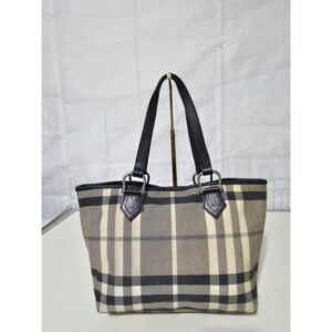 Burberry Silver Beat Check Leather Trimmed Tote Bag