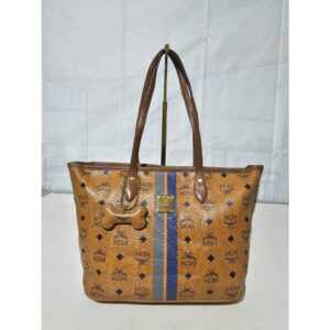 MCM Visetos Dog Bone Striped Shopper Tote Cognac