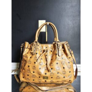 MCM Visetos Drawstring Bucket Bag Cognac