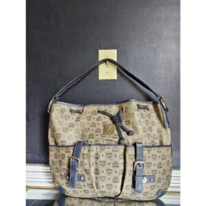 MCM Drawstring Leather Tote Bag Beige/ Navy Blue