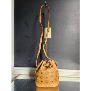 MCM Visetos Leather Drawstring Bucket Bag Brown