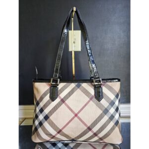 BURBERRY Black Patent Leather Supernova Check Coated Canvas Tote Bag