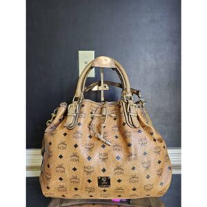 MCM Visetos Drawstring Bucket Bag Cognac
