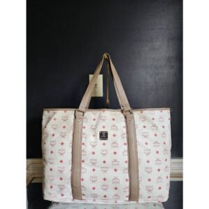 MCM XL Visetos Leather Trimmed Tote Bag Off-White Pink