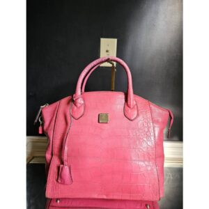 MCM Calfskin Crocodile Embossed Tote Pink