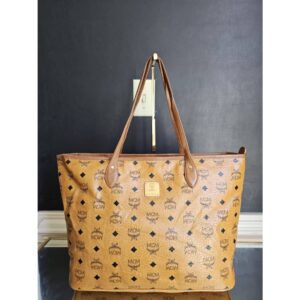 MCM Visetos Cognac Shopper Leather Tote Bag Brown