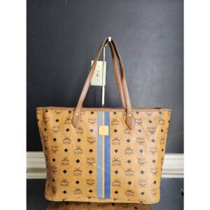 MCM Visetos Cognac Shopper Tote Stripe Bag Brown