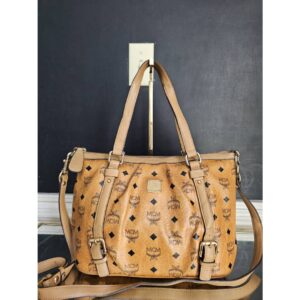 MCM Visetos Small Cognac Leather Shoulder Bag