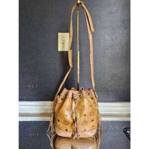 MCM Brown Visetos Leather Drawstring Bucket Bag