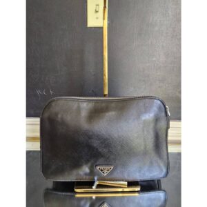 Prada Saffiano Leather Portfolio Wristlet Clutch Black