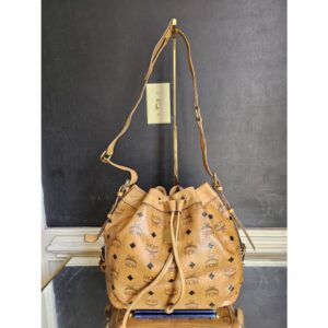 MCM Visetos Essential Drawstring Bucket Bag Cognac