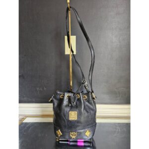 MCM Leather Drawstring Bucket Bag Black