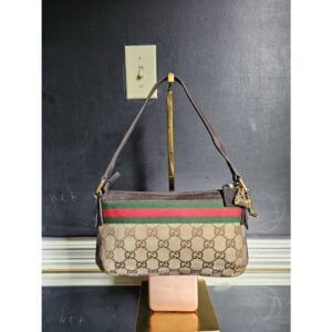 Gucci GG Canvas and Leather Web Pochette Clutch Bag Beige/Dark Brown