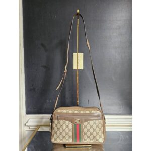 Gucci Vintage Brown Monogram Canvas Ophidia Messenger Bag with Stripes