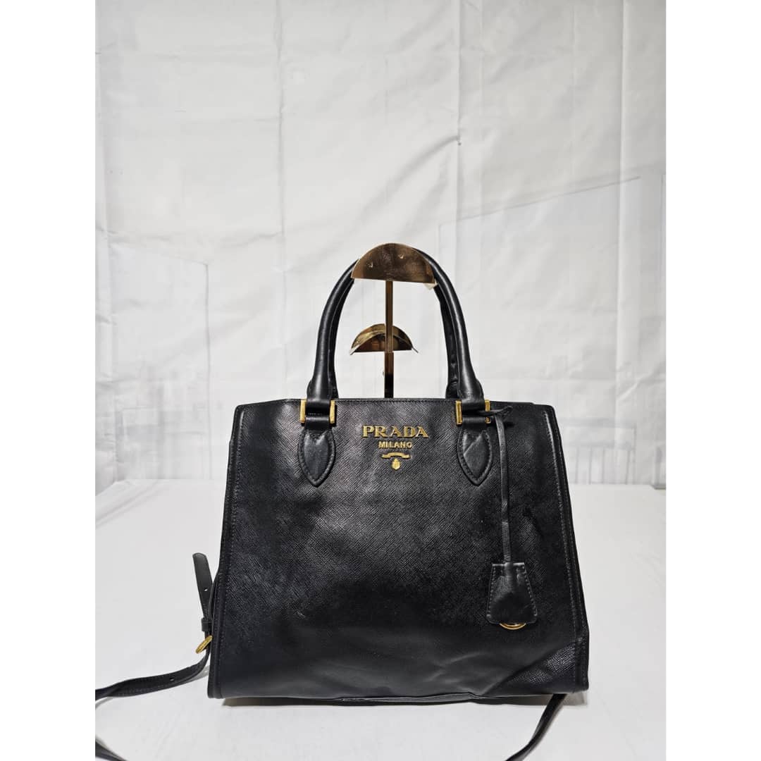 Prada Saffiano Galleria Convertible Tote Leather Handbag Black