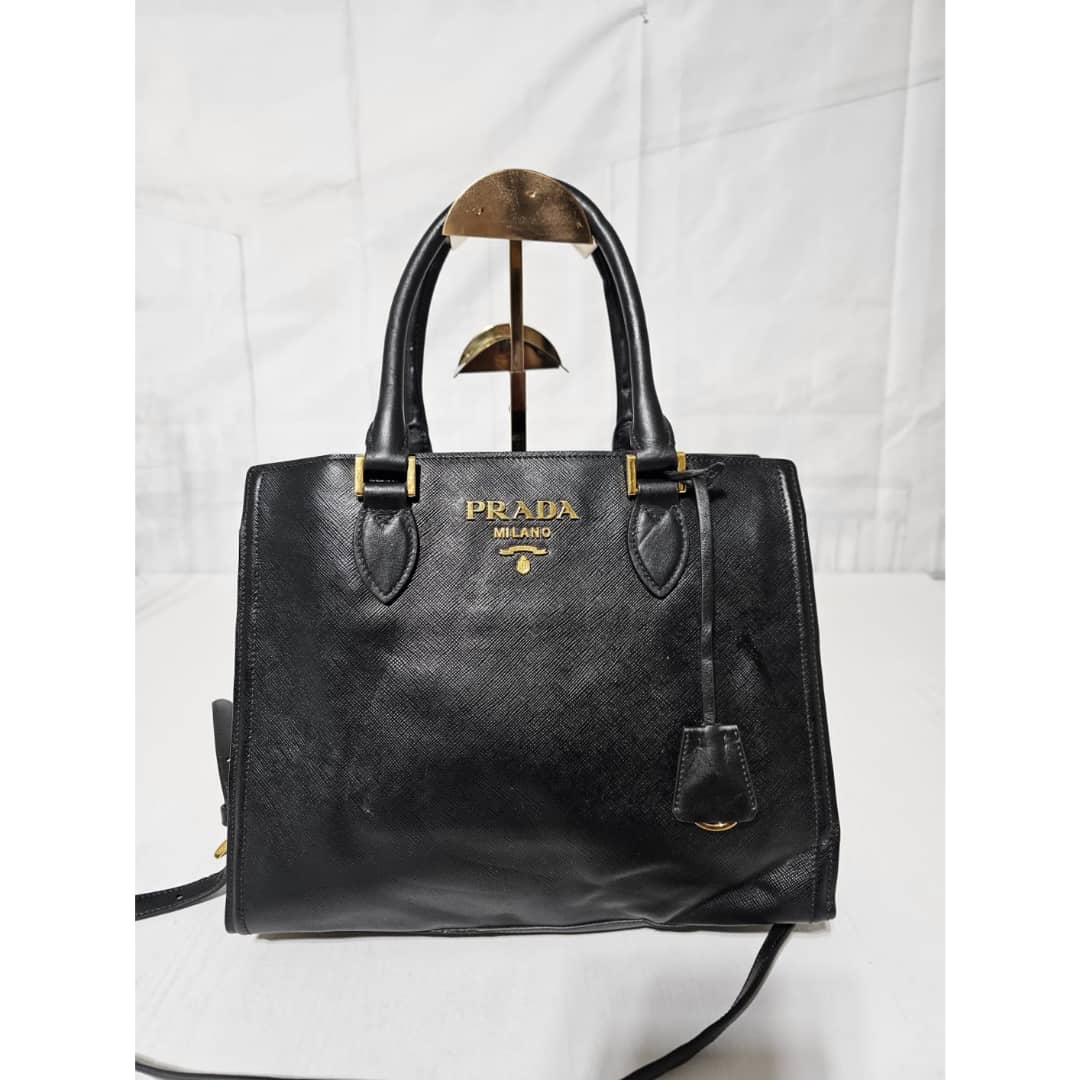 Prada Saffiano Galleria Convertible Tote Leather Handbag Black - Image 6
