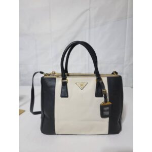 Prada Saffiano Lux Leather Medium Double Zip Tote Bag Black/Off-White