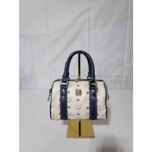 MCM Small Visetos Coated Canvas and Leather Boston Bag White/Blue