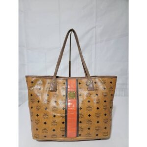MCM VISETOS SHOPPER COGNAC STRIPE SHOULDER BAG