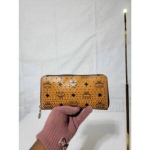 MCM Long Zippy Wallet Visetos Studded Pattern Monogram Cognac