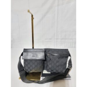 Gucci Monogram Canvas Double Belt Waist Bag Black