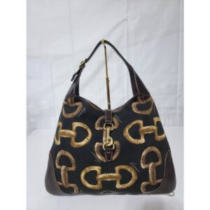 Gucci Canvas Bamboo Horsebit Printed Jackie Shoulder Bag Brown