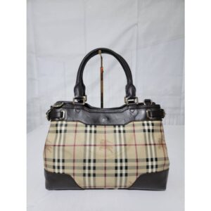 Burberry Haymarket Check PVC and Leather Hepburn Tote Bag Dark Brown/Beige