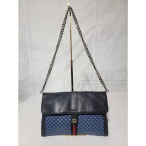 Gucci Gucci Vintage 1970s Blue Monogram Web Stripe Denim GG & Leather Shoulder Bag