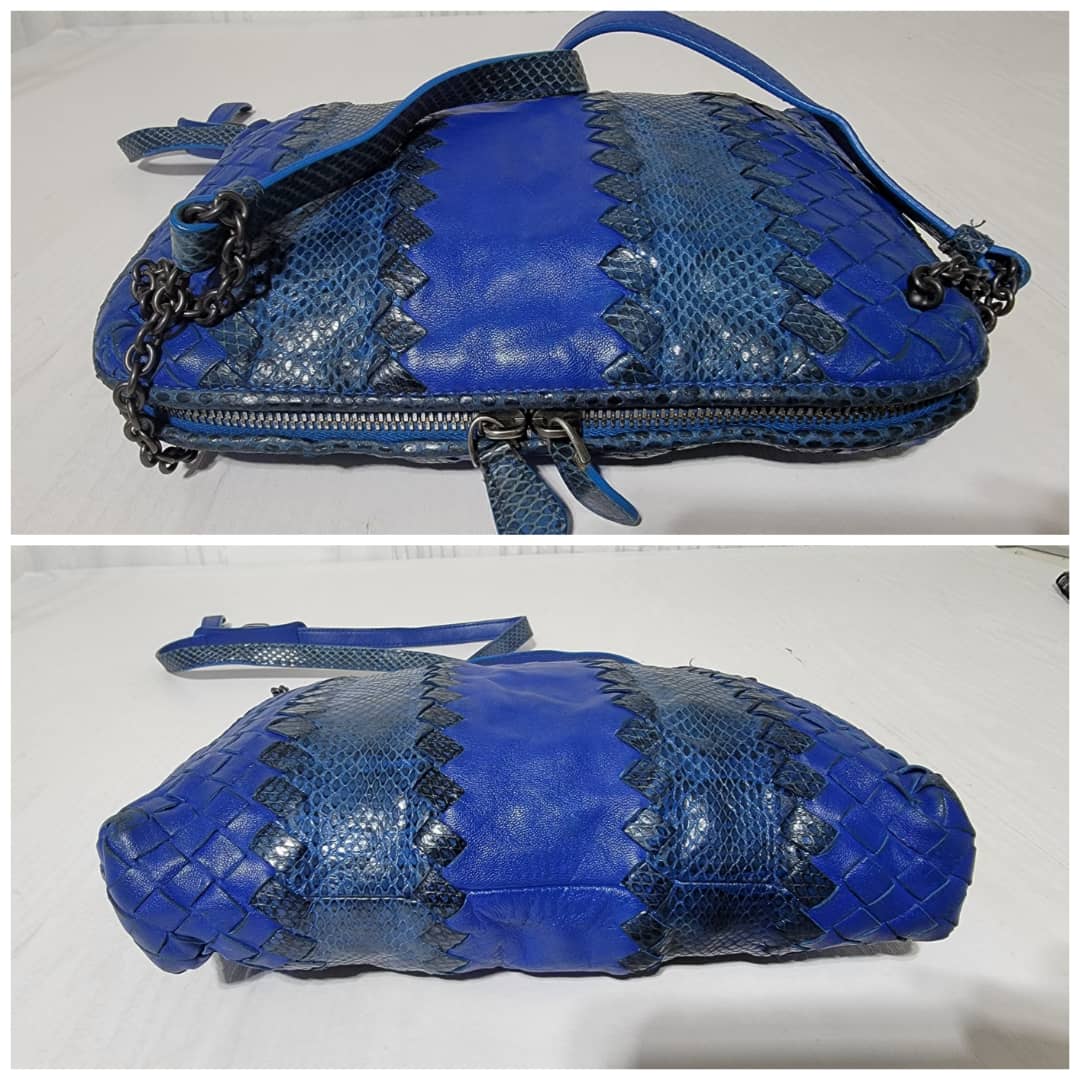 Bottega Veneta Intrecciato Leather And Snakeskin Shoulder/Crossbody Bag Blue - Image 8