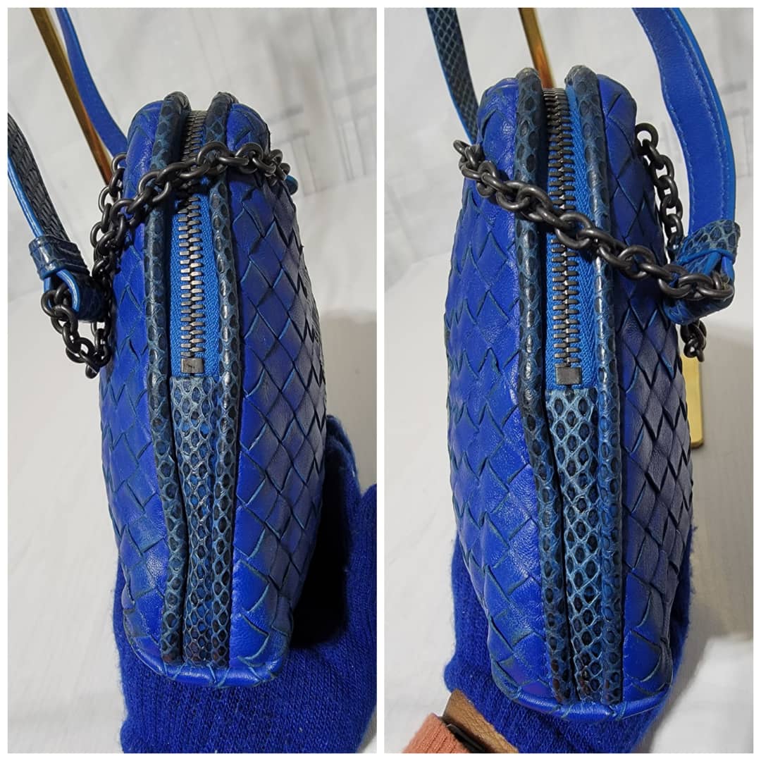 Bottega Veneta Intrecciato Leather And Snakeskin Shoulder/Crossbody Bag Blue - Image 10