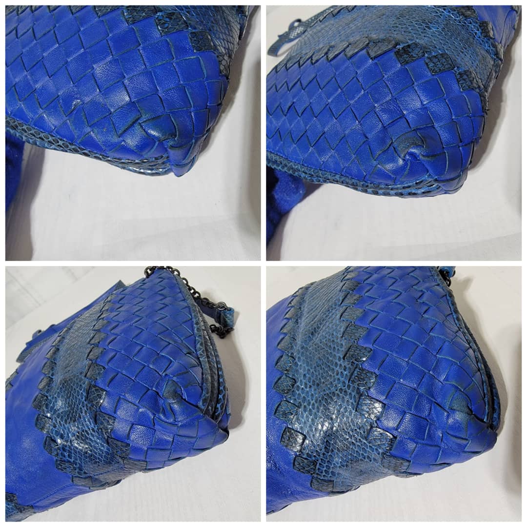 Bottega Veneta Intrecciato Leather And Snakeskin Shoulder/Crossbody Bag Blue - Image 13
