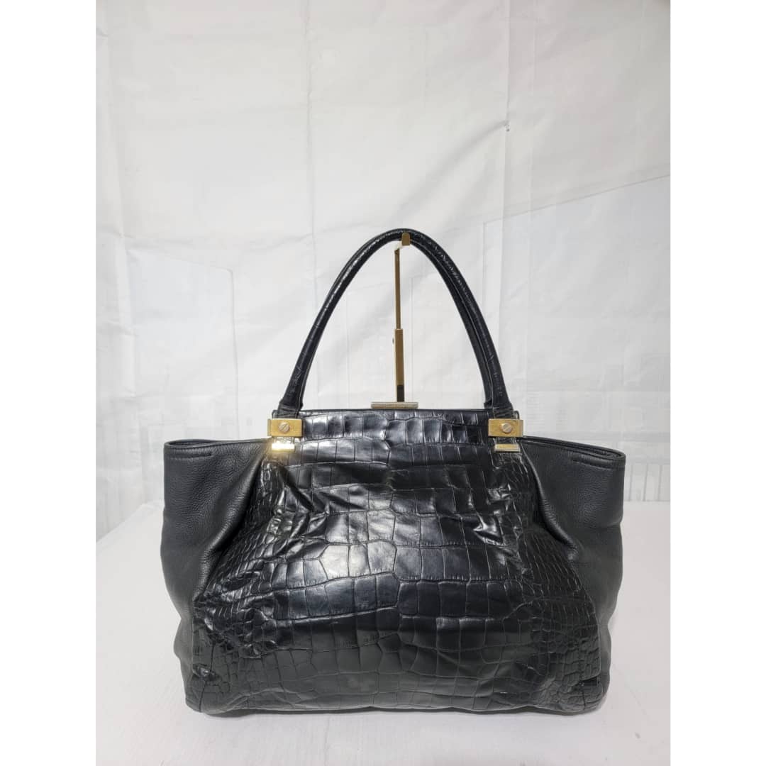 LANVIN Calfskin Croc Stamp Medium Trilogy Shopper Black - Image 2
