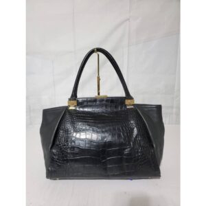 LANVIN Calfskin Croc Stamp Medium Trilogy Shopper Black